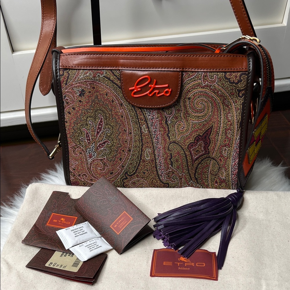 ETRO Brown Paisley Crossbody Bag with Orange Trim, Purple Tassel Like New